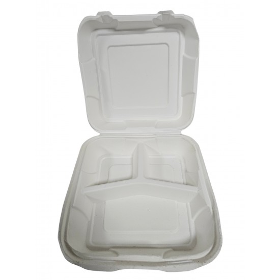 DISPOSABLE CLAMSHELL 3 COMPARTMENT MEAL BOX SIZE 9 X 9 PAK 25