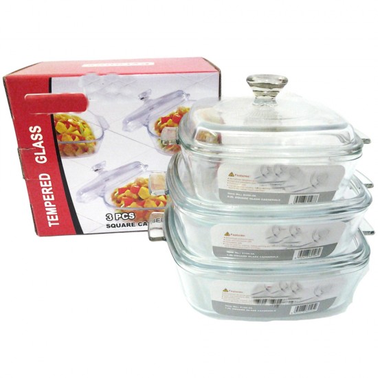 3PC SQUARE CASSEROLE/LID 1.5+1.2+0.8L