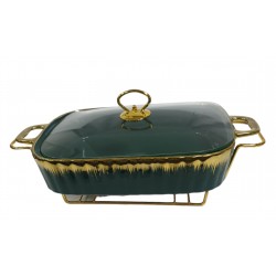 FOOD WARMER 15 INCH  RECTANGULAR CASSEROLE WITH GLASS LID WITH STAND IN GIFT BOX GREEN -GOLD