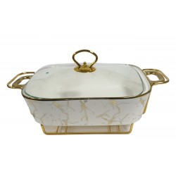 FOOD WARMER 13 INCH  RECTANGULAR CASSEROLE WITH GLASS LID WITH STAND IN GIFT BOX WHITE MARBLE EFFECT