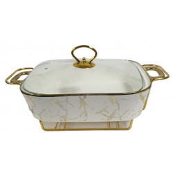 FOOD WARMER 13 INCH  RECTANGULAR CASSEROLE WITH GLASS LID WITH STAND IN GIFT BOX WHITE MARBLE EFFECT