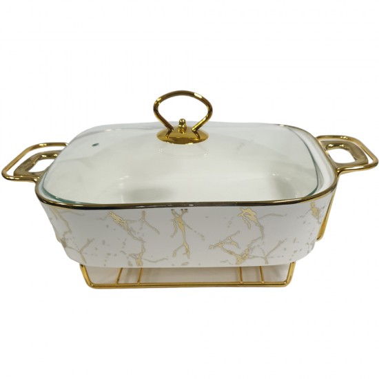 FOOD WARMER 13 INCH RECTANGULAR CASSEROLE WITH GLASS LID WITH STAND IN GIFT BOX WHITE MARBLE EFFECT FOOD WARMER 13 INCH RECTANGULAR CASSEROLE WITH GLASS LID WITH STAND IN GIFT BOX WHITE MARBLE EFFECT