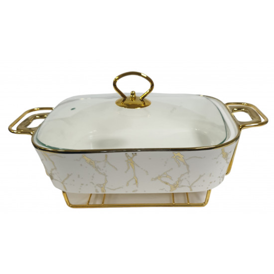 FOOD WARMER 13 INCH  RECTANGULAR CASSEROLE WITH GLASS LID WITH STAND IN GIFT BOX WHITE MARBLE EFFECT
