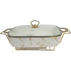 FOOD WARMER 15 INCH  RECTANGULAR CASSEROLE WITH GLASS LID WITH STAND IN GIFT BOX WHITE MARBLE EFFECT