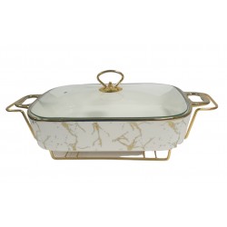 FOOD WARMER 15 INCH  RECTANGULAR CASSEROLE WITH GLASS LID WITH STAND IN GIFT BOX WHITE MARBLE EFFECT