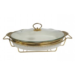 15 INCH OVAL PORCELAIN CASSEROLE WITH GLASS LID AND STAND WHITE AND GOLD PRINT IN GIFT BOX