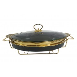 15 INCH OVAL PORCELAIN CASSEROLE WITH GLASS LID AND STAND BLACK AND GOLD PRINT IN GIFT BOX