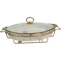 15 INCH OVAL PORCELAIN CASSEROLE WITH GLASS LID AND STAND WHITE  & GOLD PRINT IN GIFT BOX