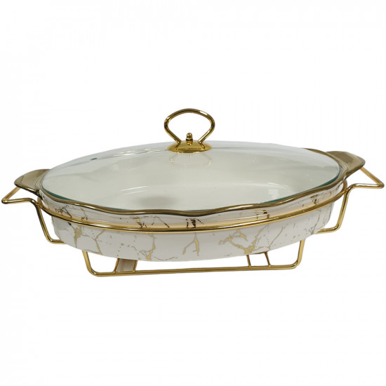 15 INCH OVAL PORCELAIN CASSEROLE WITH GLASS LID AND STAND WHITE & GOLD PRINT IN GIFT BOX 15 INCH OVAL PORCELAIN CASSEROLE WITH GLASS LID AND STAND WHITE & GOLD PRINT IN GIFT BOX