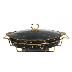 15 INCH OVAL PORCELAIN CASSEROLE WITH GLASS LID AND STAND BLACK  & GOLD PRINT IN GIFT BOX