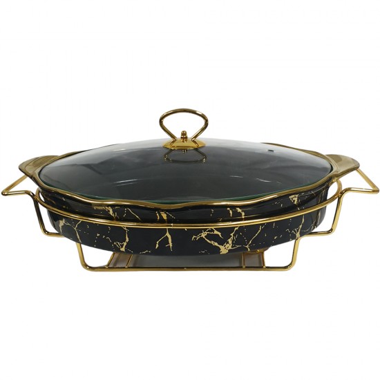 15 INCH OVAL PORCELAIN CASSEROLE WITH GLASS LID AND STAND BLACK & GOLD PRINT IN GIFT BOX 15 INCH OVAL PORCELAIN CASSEROLE WITH GLASS LID AND STAND BLACK & GOLD PRINT IN GIFT BOX