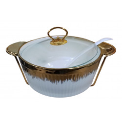 PORCELAIN ROUND CASSEROLE WITH SPOON 12 INCH  ON STAND