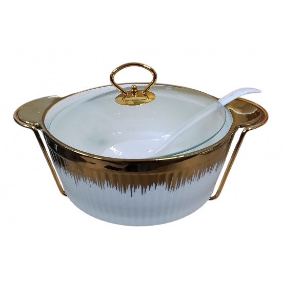 PORCELAIN ROUND CASSEROLE WITH SPOON 12 INCH ON STAND PORCELAIN ROUND CASSEROLE WITH SPOON 12 INCH ON STAND