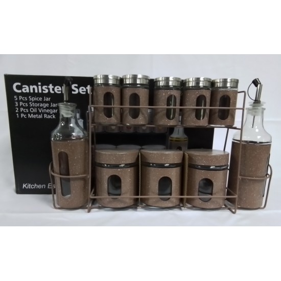 10 PCS VINEGAR AND CANNISTER SET ON STAND