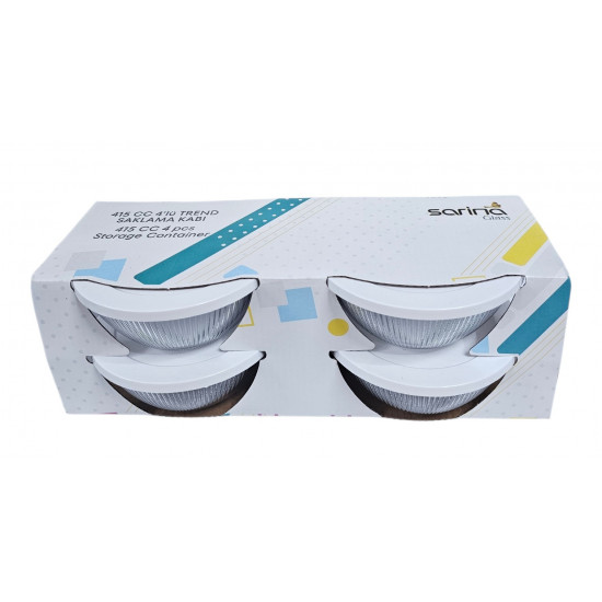 GLASS BOWL SET 4 PCS WITH WHITE  LID 415 CC DIAMOND BOWL 