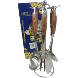 KITCHEN TOOL SET 6PCS TOOLS PLUS STAND TEAK EFFECT