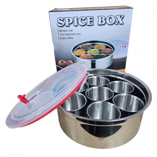 SPICE BOX MASALA DUBBA STAINLESS STEEL WITH PLASTIC LID SIZE 25 CM