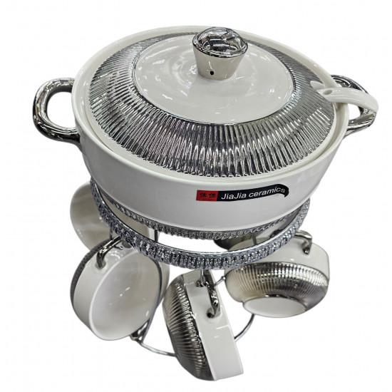 SOUP BOWL SET SIVER WITH STAND PORCELAIN