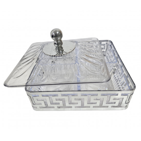 SWEET PLASTIC AZTEK DESIGN DISH 4 COMPARTMENT IN GIFT BOX  SILVER