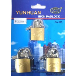BRASS PADLOCK SET 3 PCS ON CARD  SIZE 20 MM