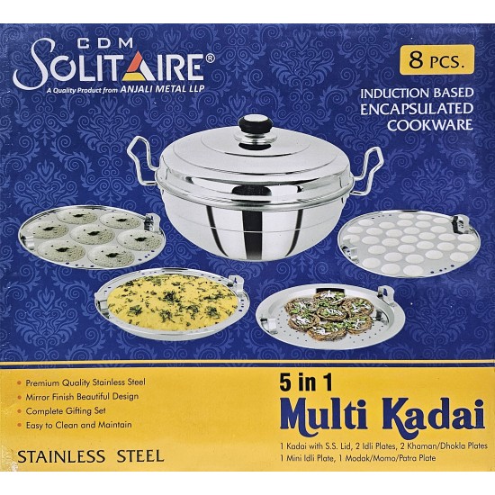 KADAI MULTI STAINLESS STEEL 5 IN ONE  7 PCS SET SIZE 28 X 11 CM