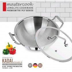 TRIPLY STAINLESS STEEL KARAI WITH LID SIZE 34 CM