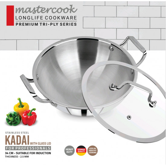 TRIPLY STAINLESS STEEL KARAI WITH LID SIZE 34 CM TRIPLY STAINLESS STEEL KARAI WITH LID SIZE 34 CM