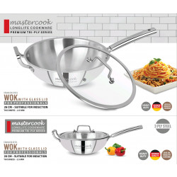 TRIPLY STAINLESS STEEL WOK WITH GLASS LID SIZE 26 CM