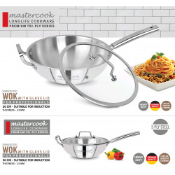 TRIPLY STAINLESS STEEL WOK WITH GLASS LID SIZE 30 CM