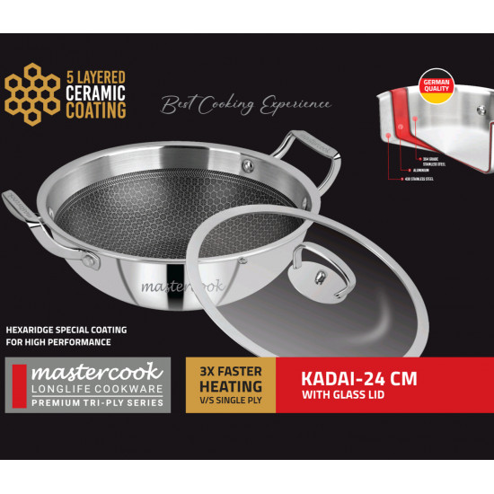 TRIPLY HONYCOMBE KARAI 5 LAYER COATINGWITH GLASS LID  24 CM