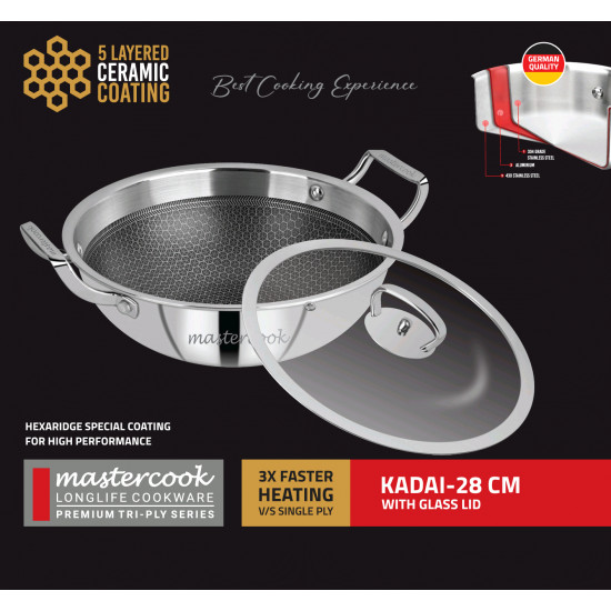 TRIPLY HONYCOMBE KARAI 5 LAYER COATINGWITH GLASS LID  28 CM