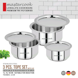 TRIPLY 3 PCS STAINLESS STEEL TOPE SET SIZE 14/16/18 CM WITH LIDS