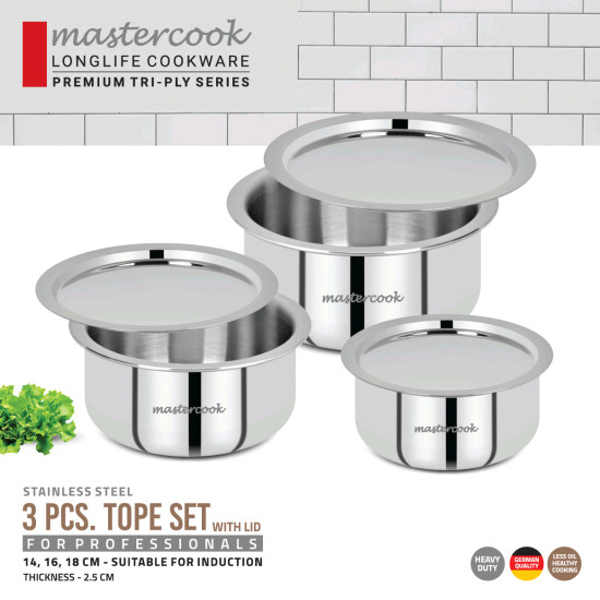 TRIPLY 3 PCS STAINLESS STEEL TOPE SET SIZE 14/16/18 CM WITH LIDS