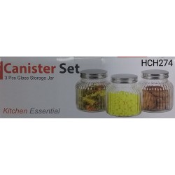 3PC GLASS CANNISTER SET METAL LID